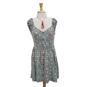 Womens Floral Cottagecore Sleeveless Dress Size XL‎ Aqua Pink Sweetheart Neck